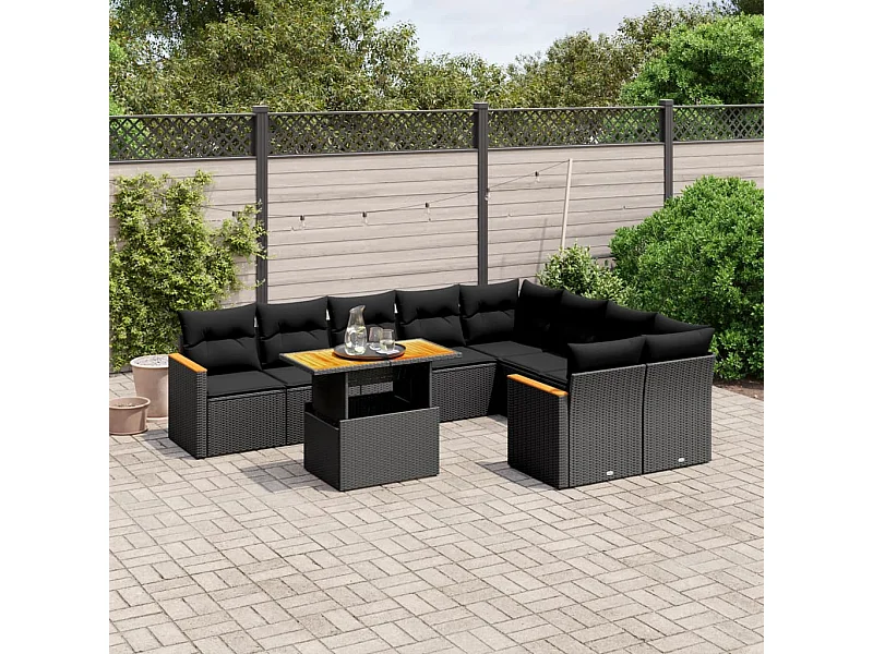 10 pcs conjunto sofás de jardim c/ almofadões vime PE preto