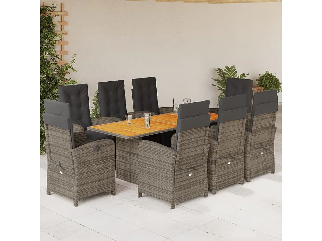 Ensemble à manger de jardin 9 pcs coussins gris résine tressée