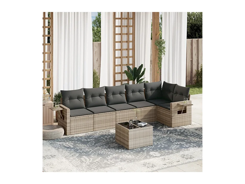 Salon de jardin avec coussins 7 pcs gris clair résine tressée