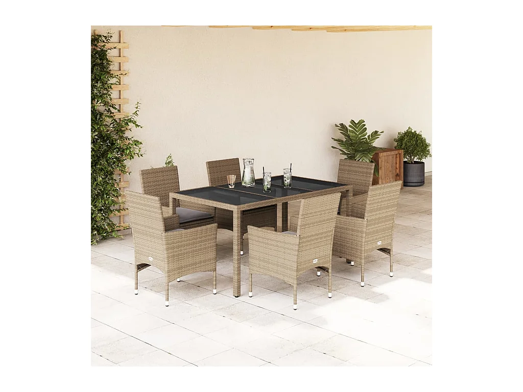 Set da Pranzo da Giardino 7 pz con Cuscini Polyrattan e Vetro