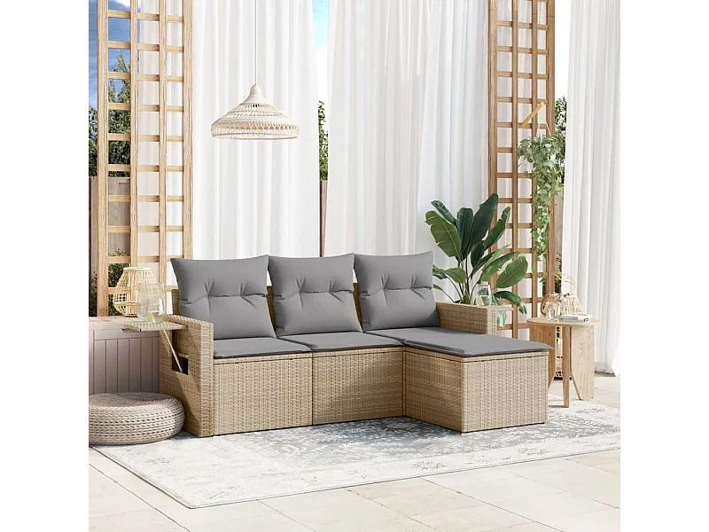 Salon de jardin avec coussins 4 pcs beige résine tressée