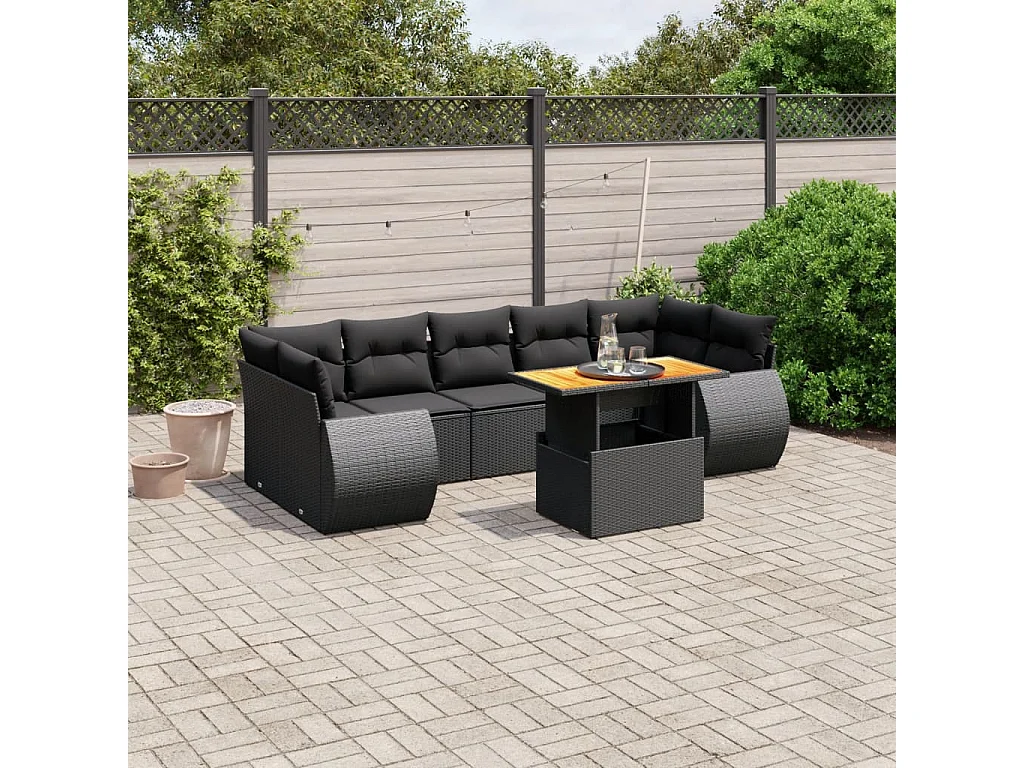 8 pcs conjunto sofás de jardim com almofadões vime PE preto
