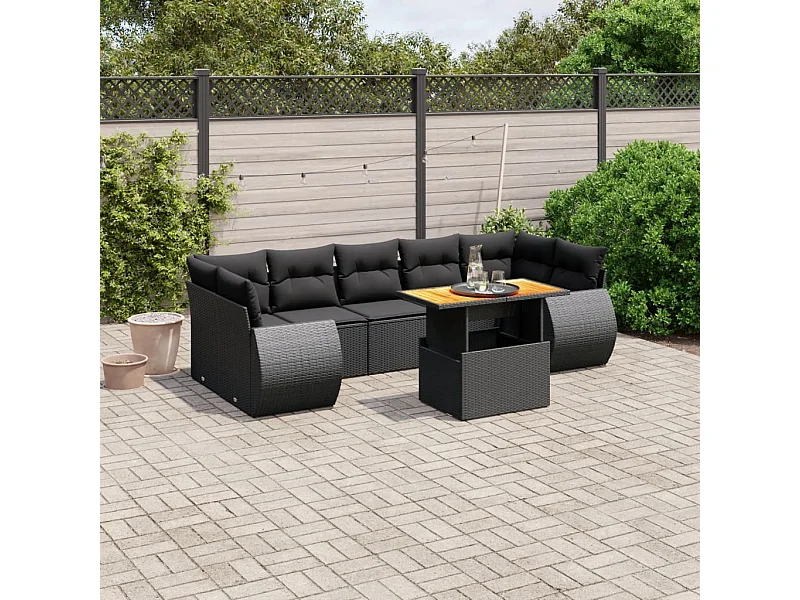 8 pcs conjunto sofás de jardim com almofadões vime PE preto