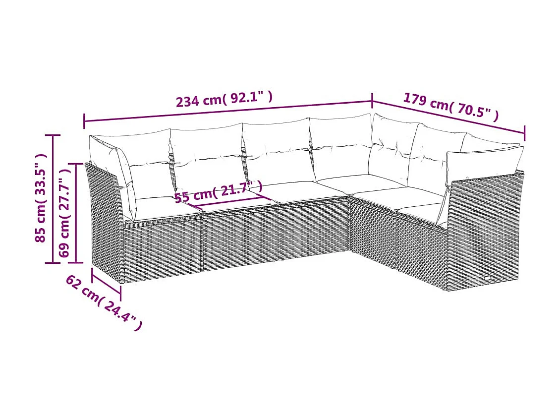 6-delige Loungeset met kussens poly rattan zwart