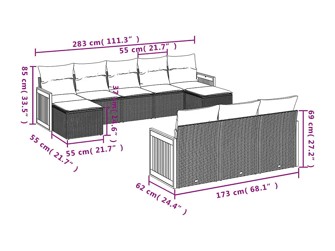 10-delige Loungeset met kussens poly rattan beige