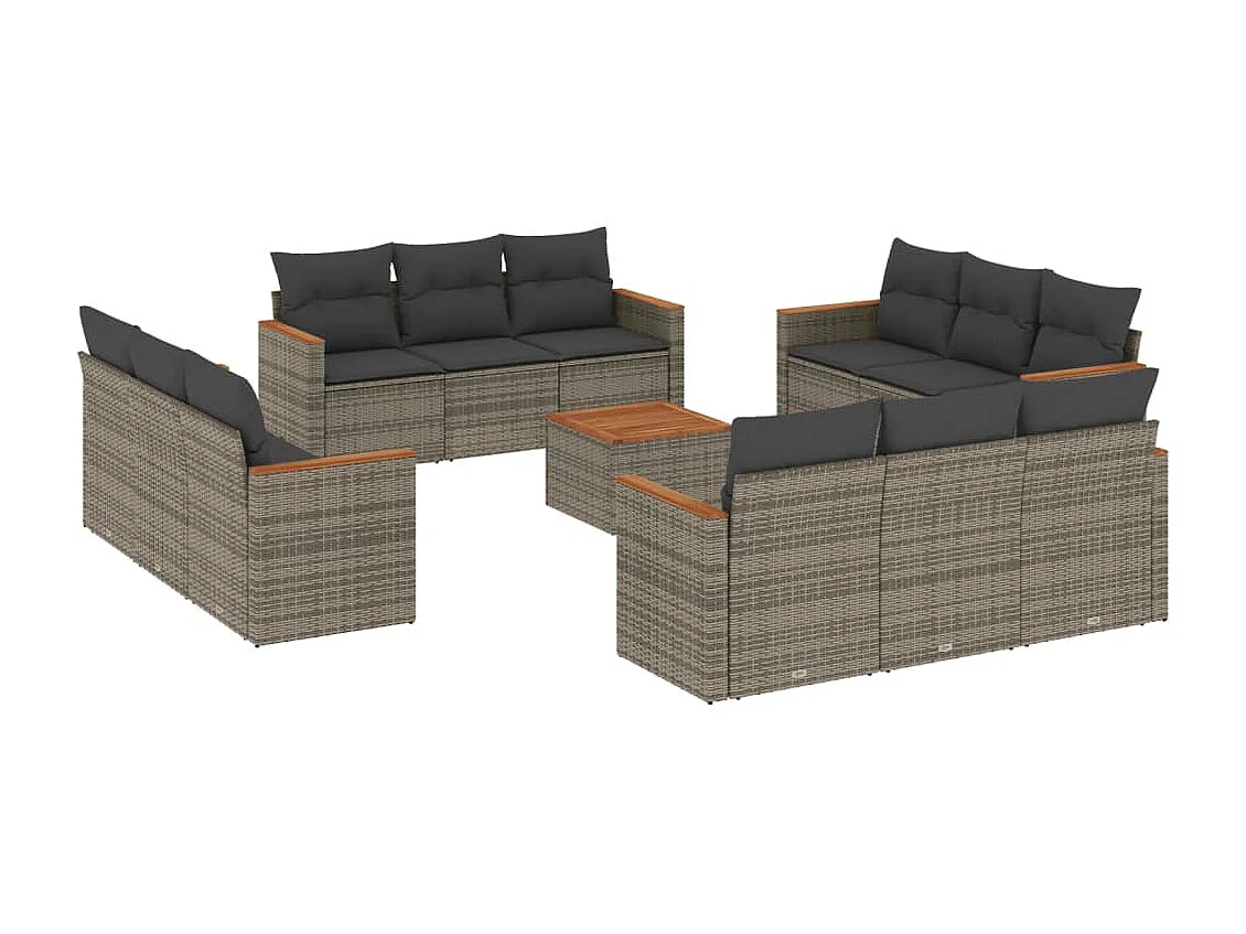 13 pcs conjunto sofás p/ jardim c/ almofadões vime PE cinzento