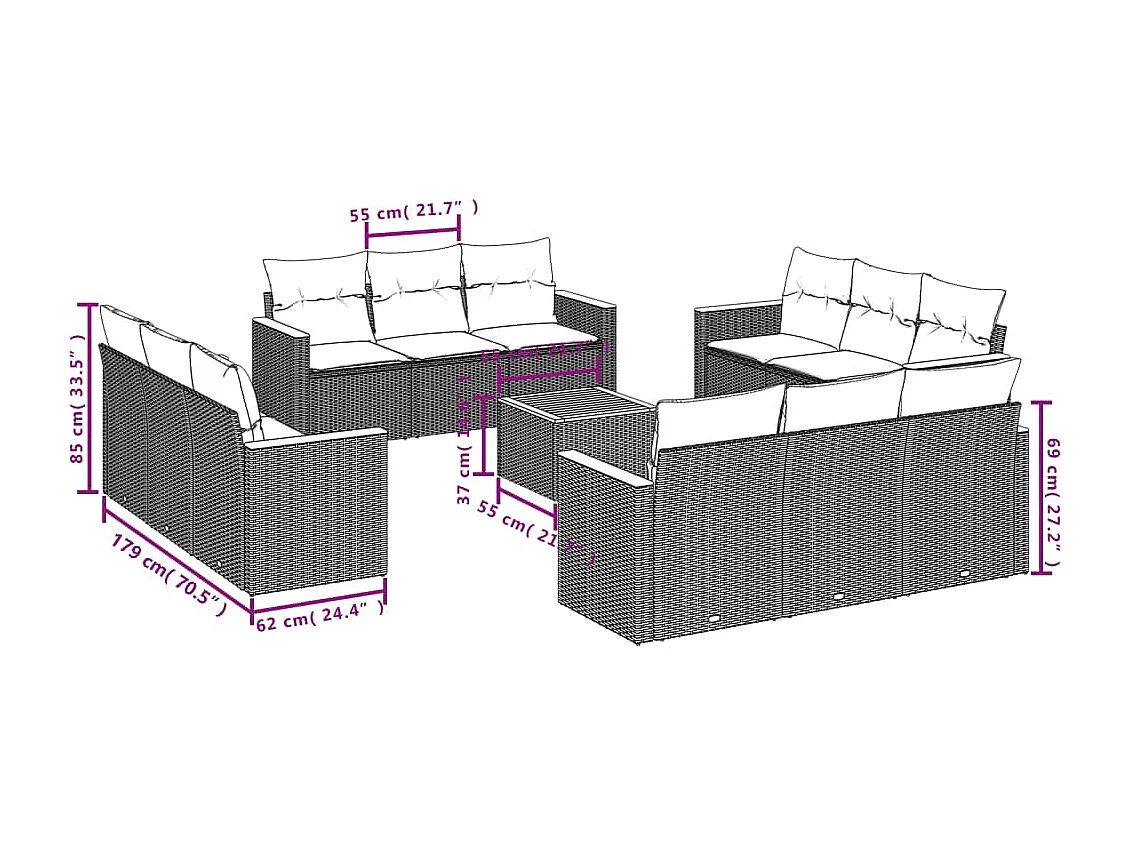 13 pcs conjunto sofás p/ jardim c/ almofadões vime PE cinzento