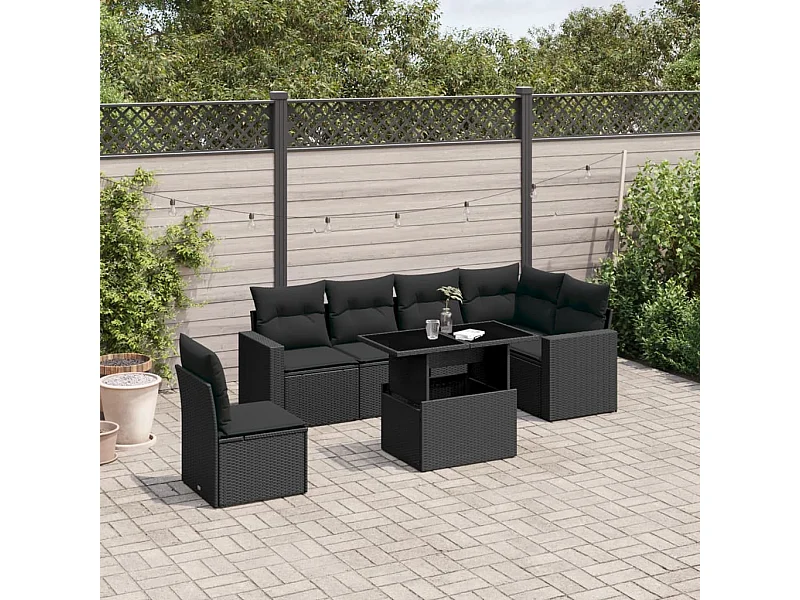 Salon de jardin 7 pcs avec coussins noir résine tressée