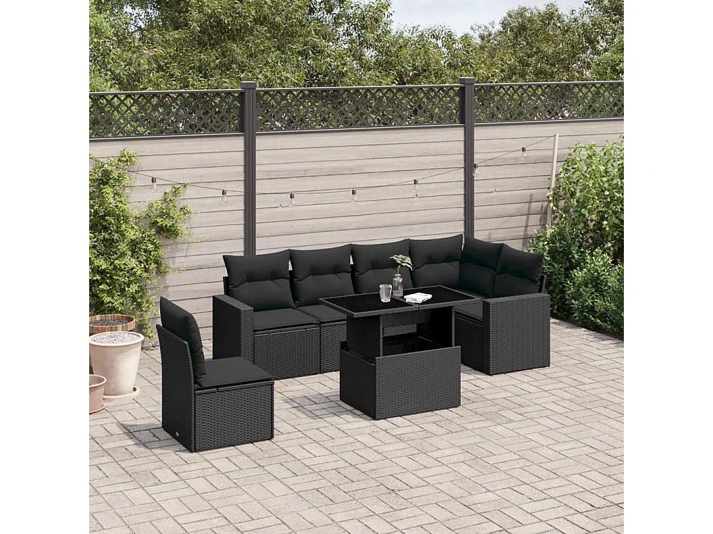 7-tlg. Garten-Sofagarnitur mit Kissen Schwarz Poly Rattan