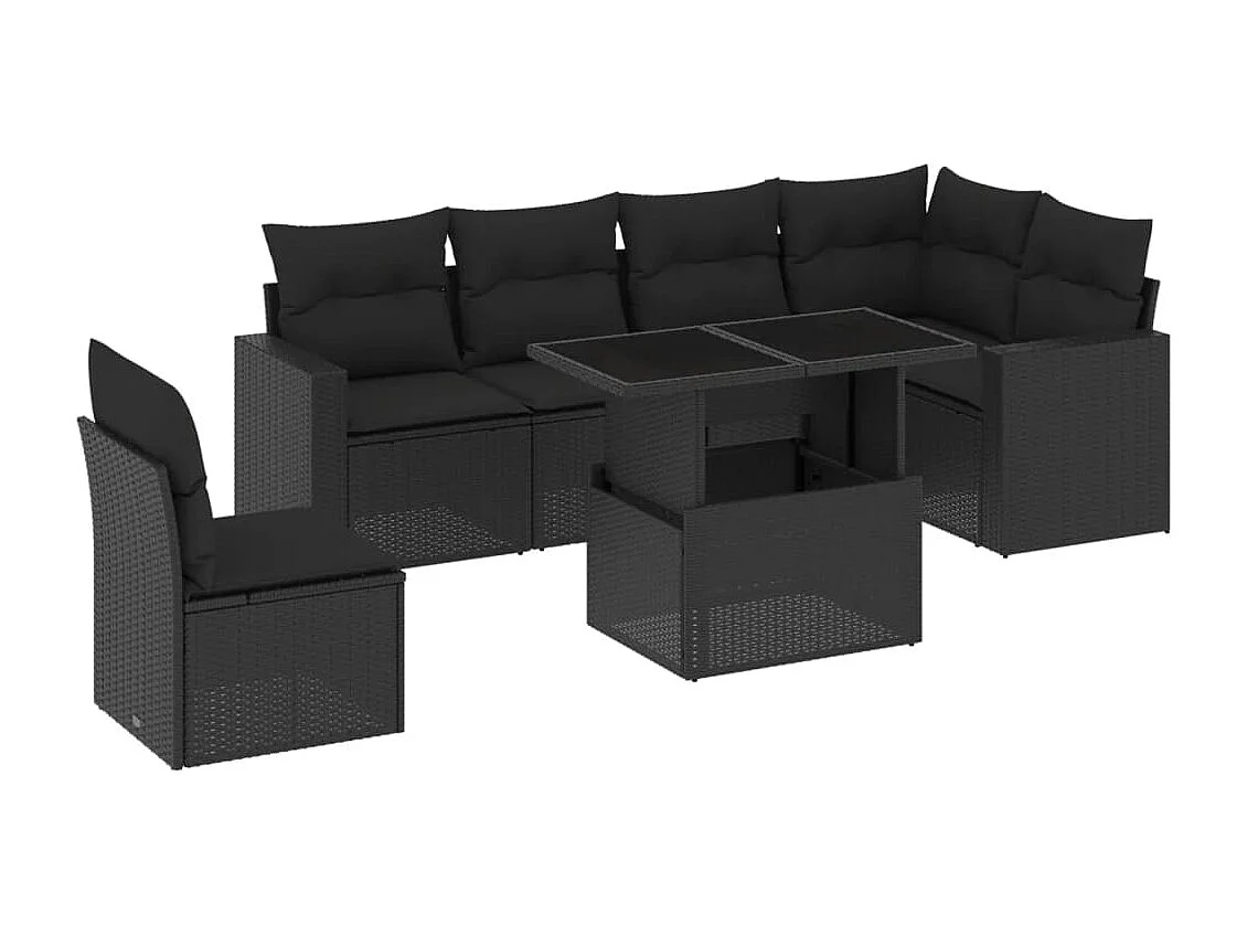 7-tlg. Garten-Sofagarnitur mit Kissen Schwarz Poly Rattan