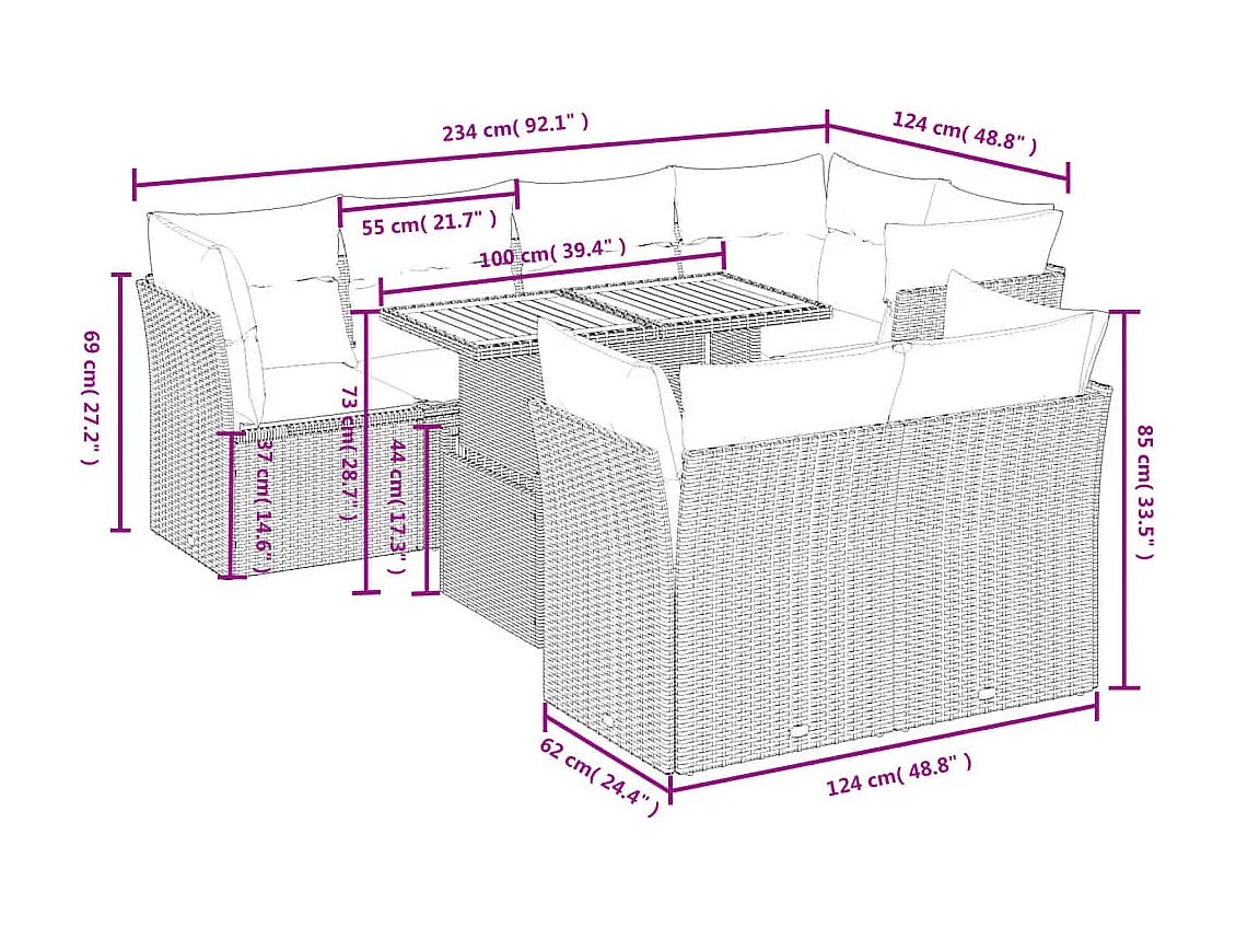 Set Divano da Giardino 8 pz con Cuscini Beige in Polyrattan