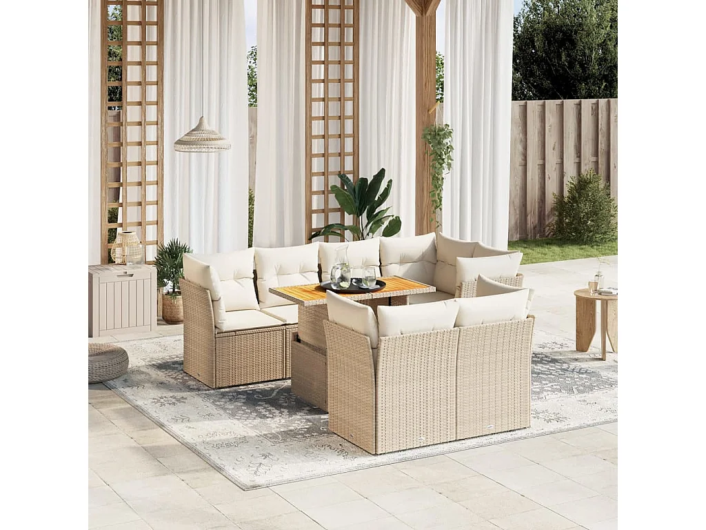 8-tlg. Garten-Sofagarnitur mit Kissen Beige Poly Rattan