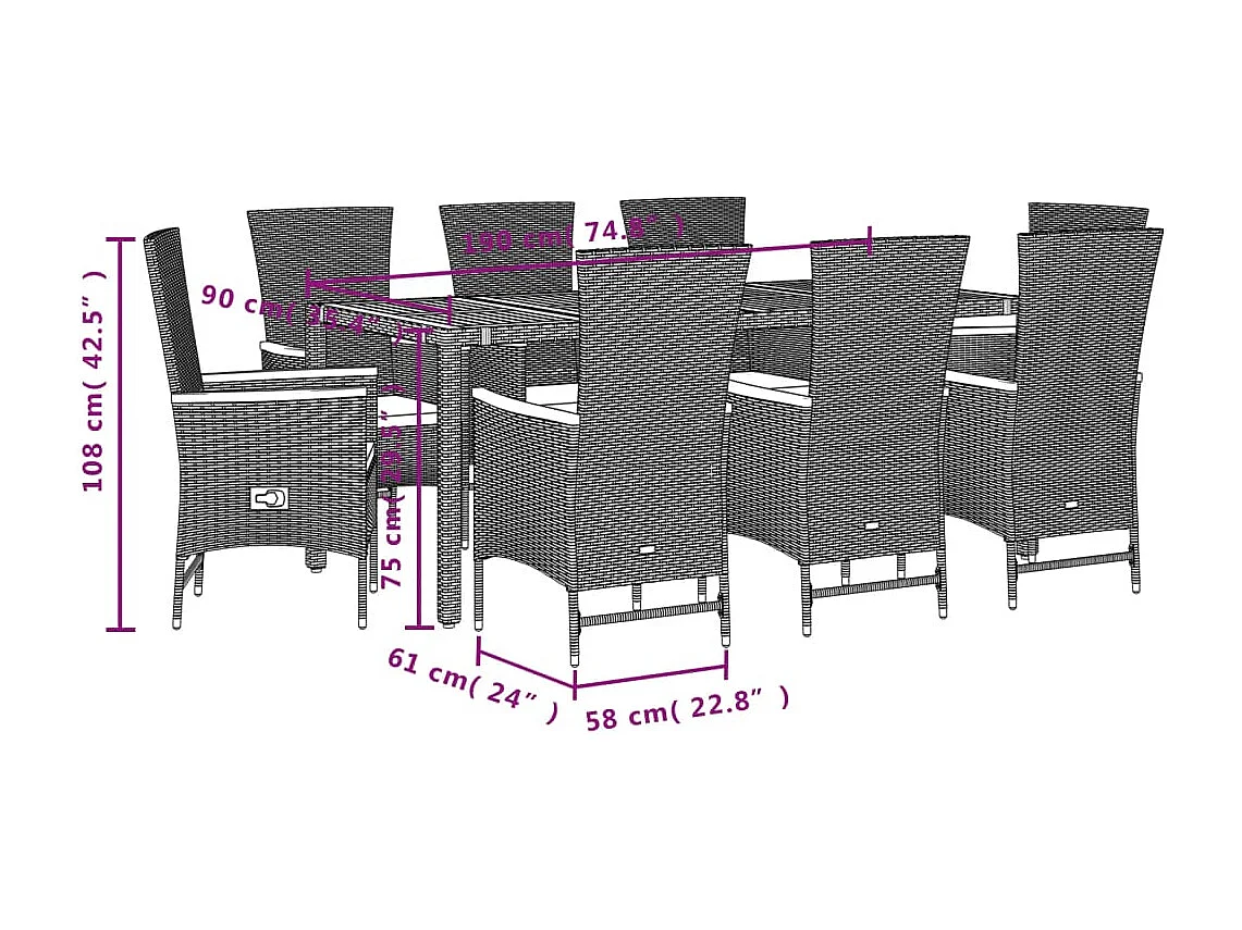 9 pcs conjunto de jantar p/ jardim c/ almofadões vime PE preto
