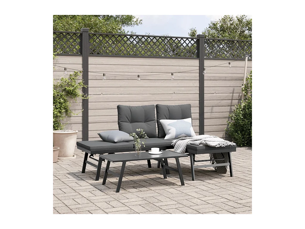 Set Panche Giardino Cuscini 3pz Nere Acciaio Verniciato Polvere