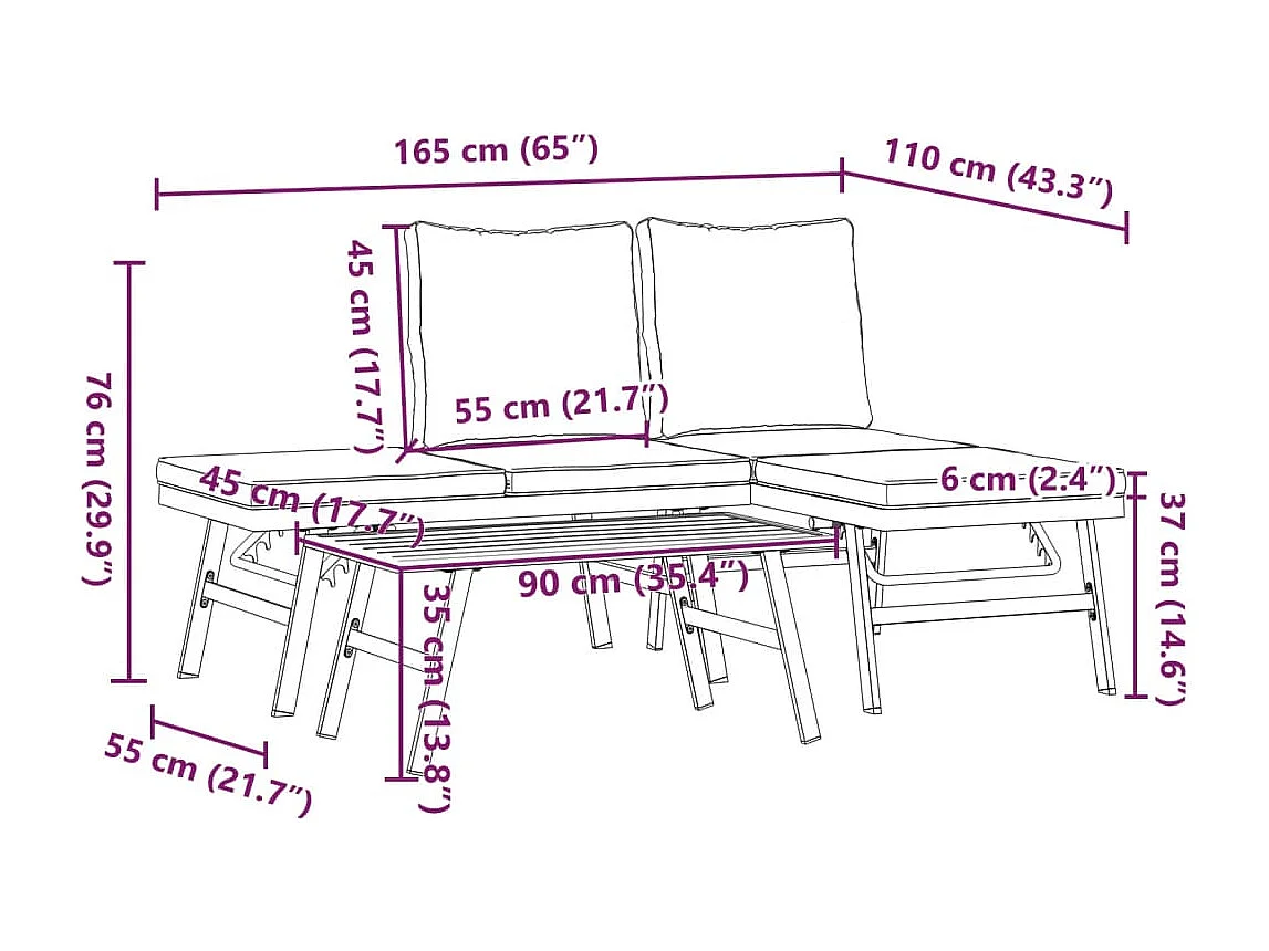 3 pcs bancos de jardim com almofadões aço revestido a pó preto
