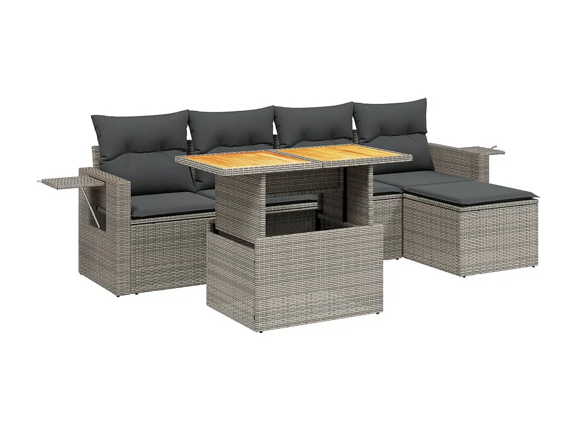 Salon de jardin 6 pcs avec coussins gris résine tressée