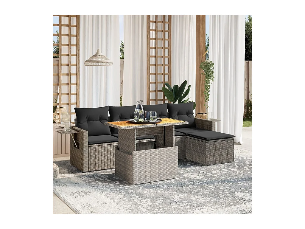 Salon de jardin 6 pcs avec coussins gris résine tressée