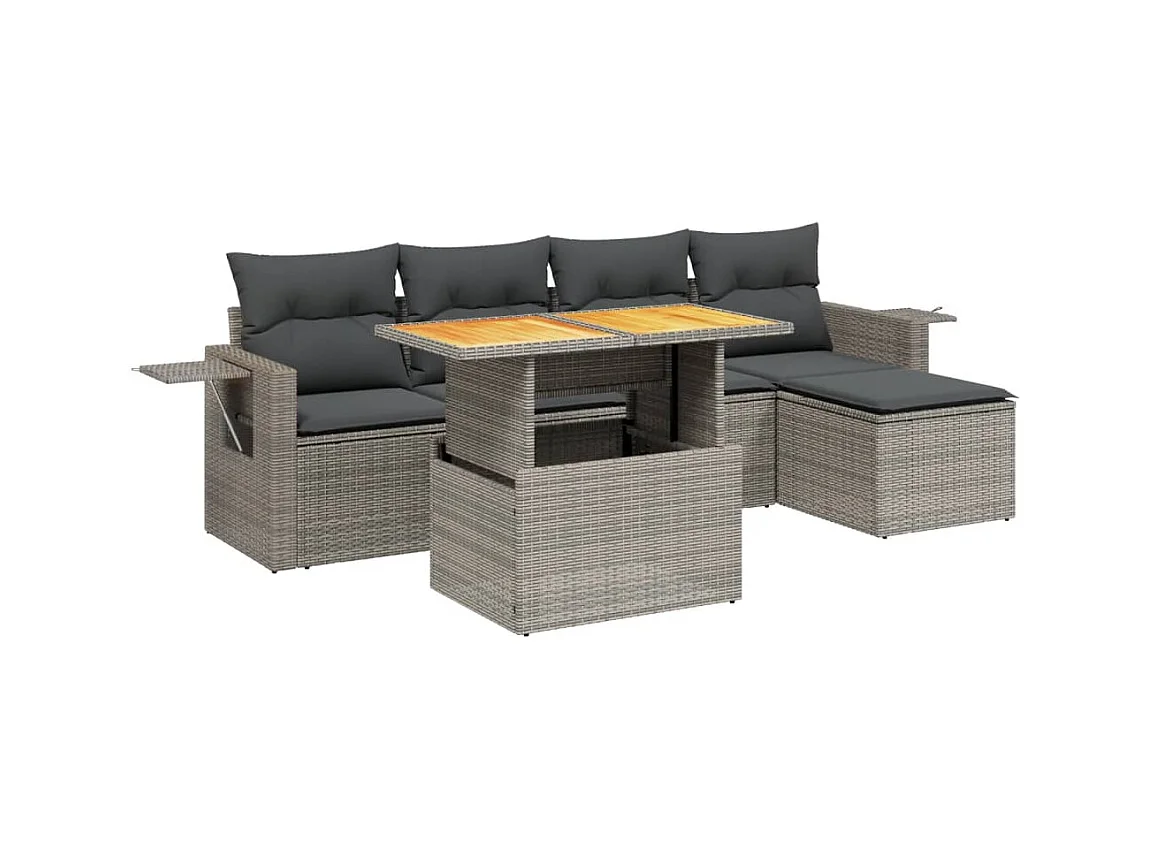 6-tlg. Garten-Sofagarnitur mit Kissen Grau Poly Rattan
