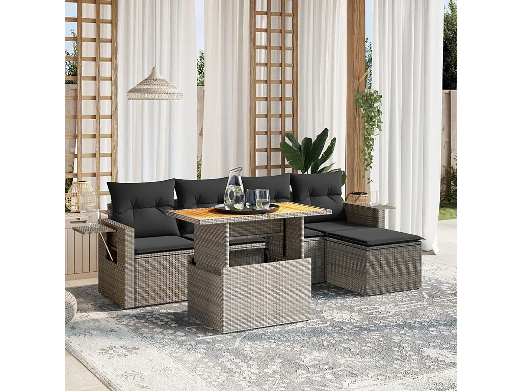 Set Divano da Giardino 6 pz con Cuscini Grigio in Polyrattan