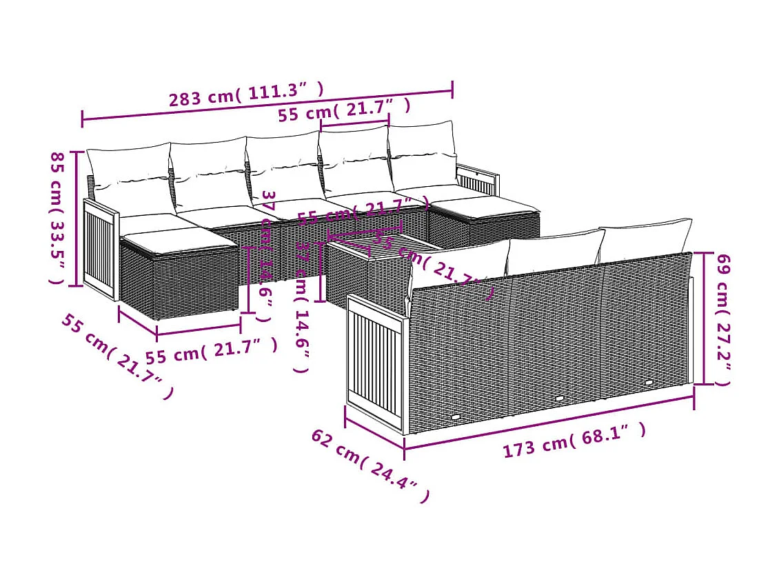 Set Divani da Giardino 11 pz con Cuscini in Polyrattan Nero