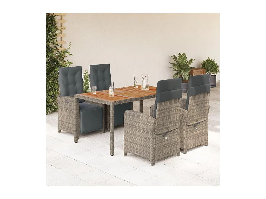 5 pcs conjunto de jantar p/ jardim c/ almofadões vime PE cinza