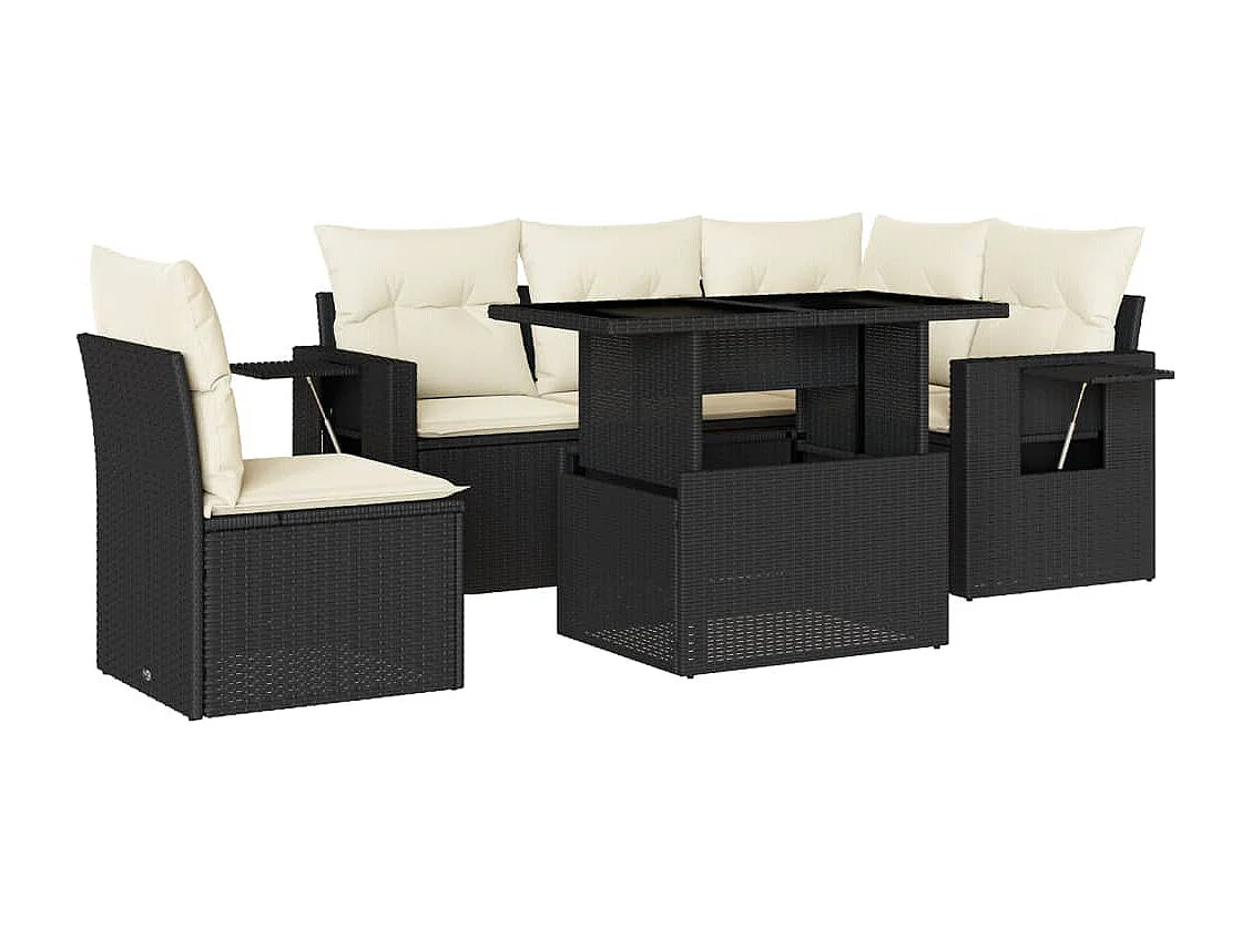Salon de jardin 6 pcs avec coussins noir résine tressée