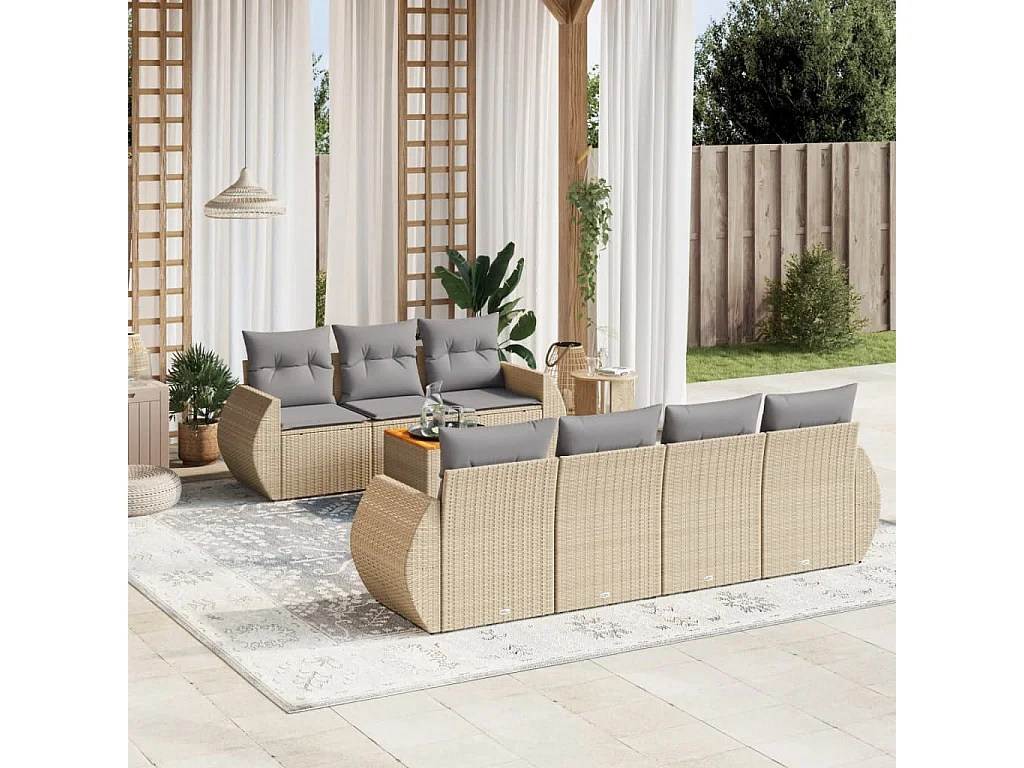 Salon de jardin avec coussins 8 pcs beige résine tressée