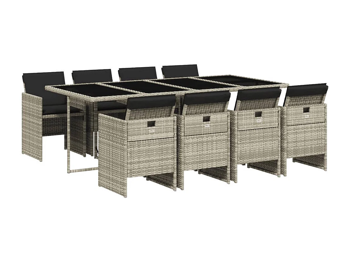 Set Pranzo da Giardino 9pz con Cuscini Grigio Chiaro Polyrattan