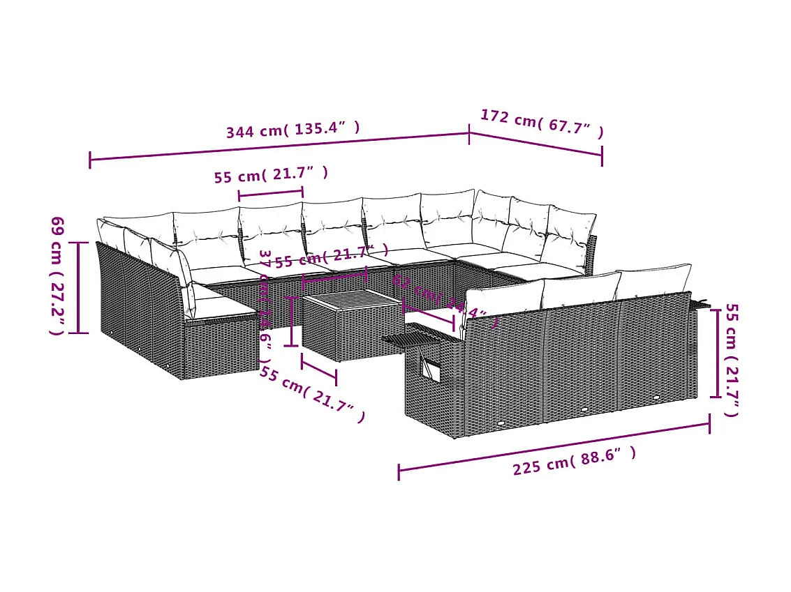 14-delige Loungeset met kussens poly rattan grijs