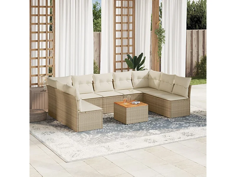 Salon de jardin avec coussins 10 pcs beige résine tressée
