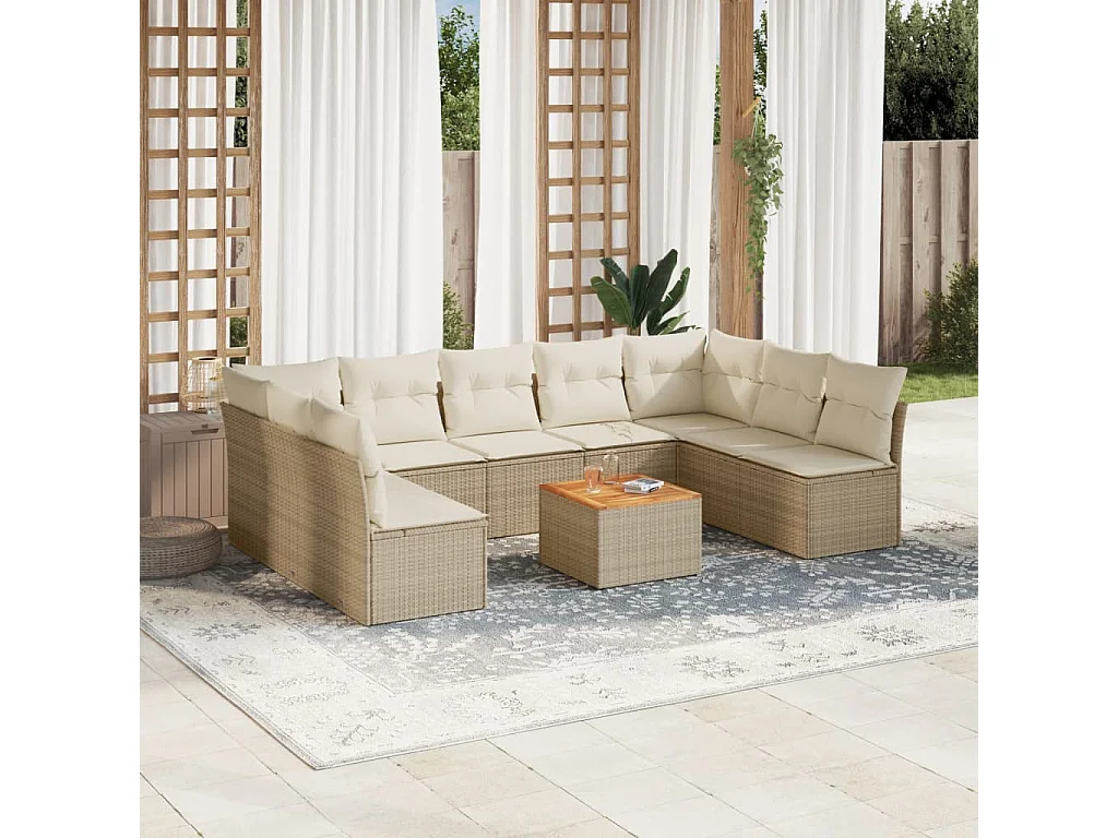 Salon de jardin avec coussins 10 pcs beige résine tressée