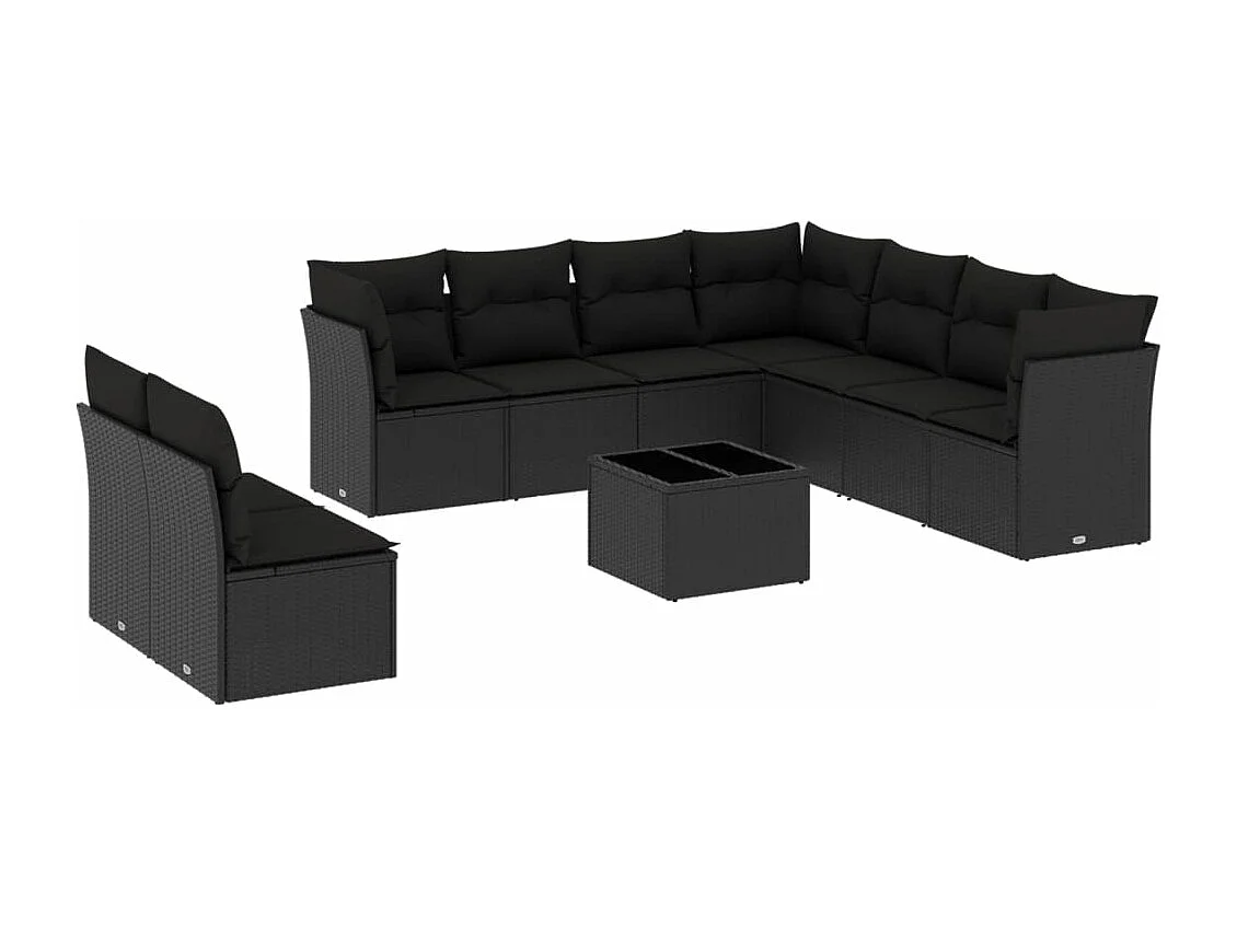 10 pcs conjunto sofás de jardim c/ almofadões vime PE preto