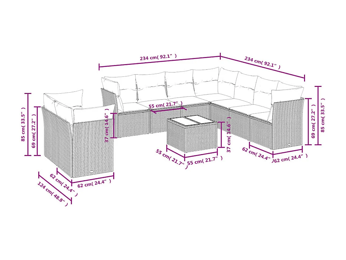 10 pcs conjunto sofás de jardim c/ almofadões vime PE preto
