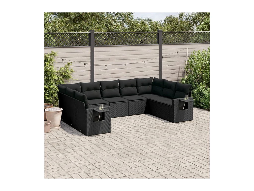 9-delige Loungeset met kussens poly rattan zwart