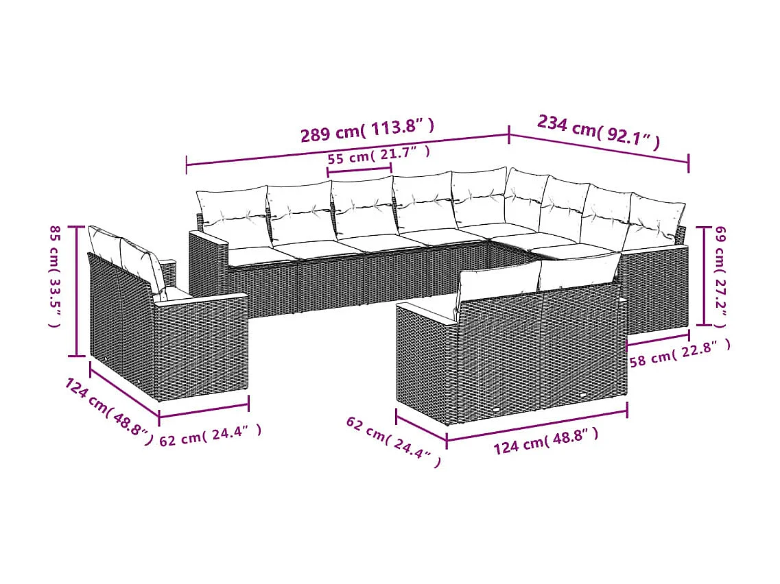 12 pcs conjunto de sofás de jardim c/ almofadões vime PE preto