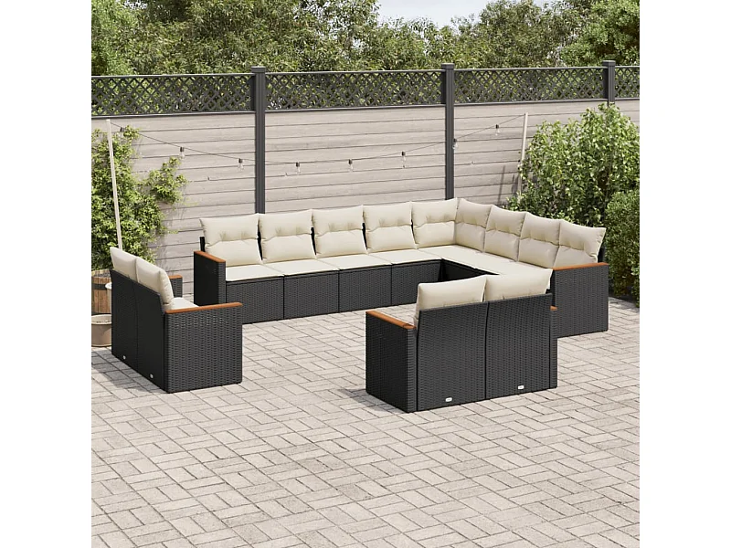 12 pcs conjunto de sofás de jardim c/ almofadões vime PE preto