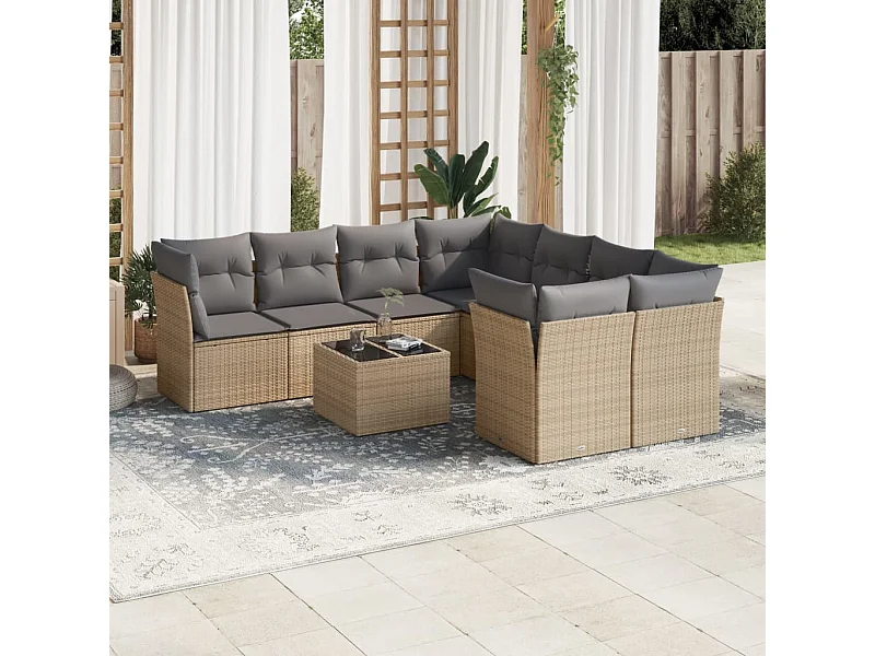 Salon de jardin avec coussins 9 pcs beige résine tressée