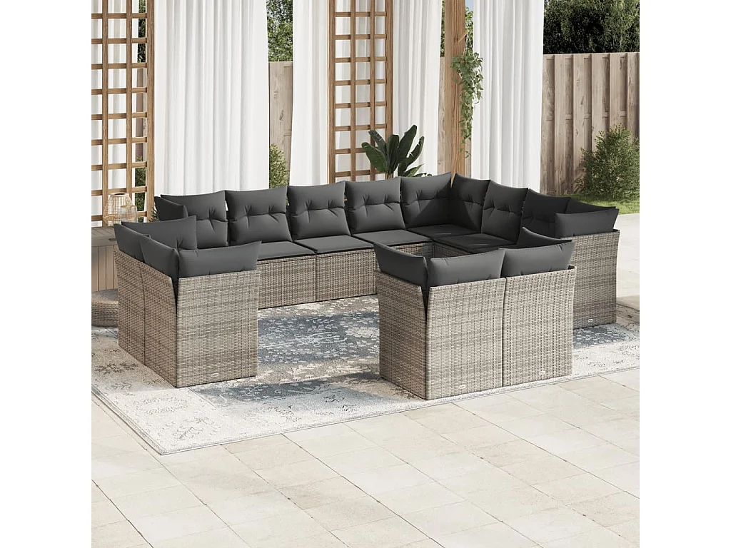 Salon de jardin avec coussins 12 pcs gris résine tressée