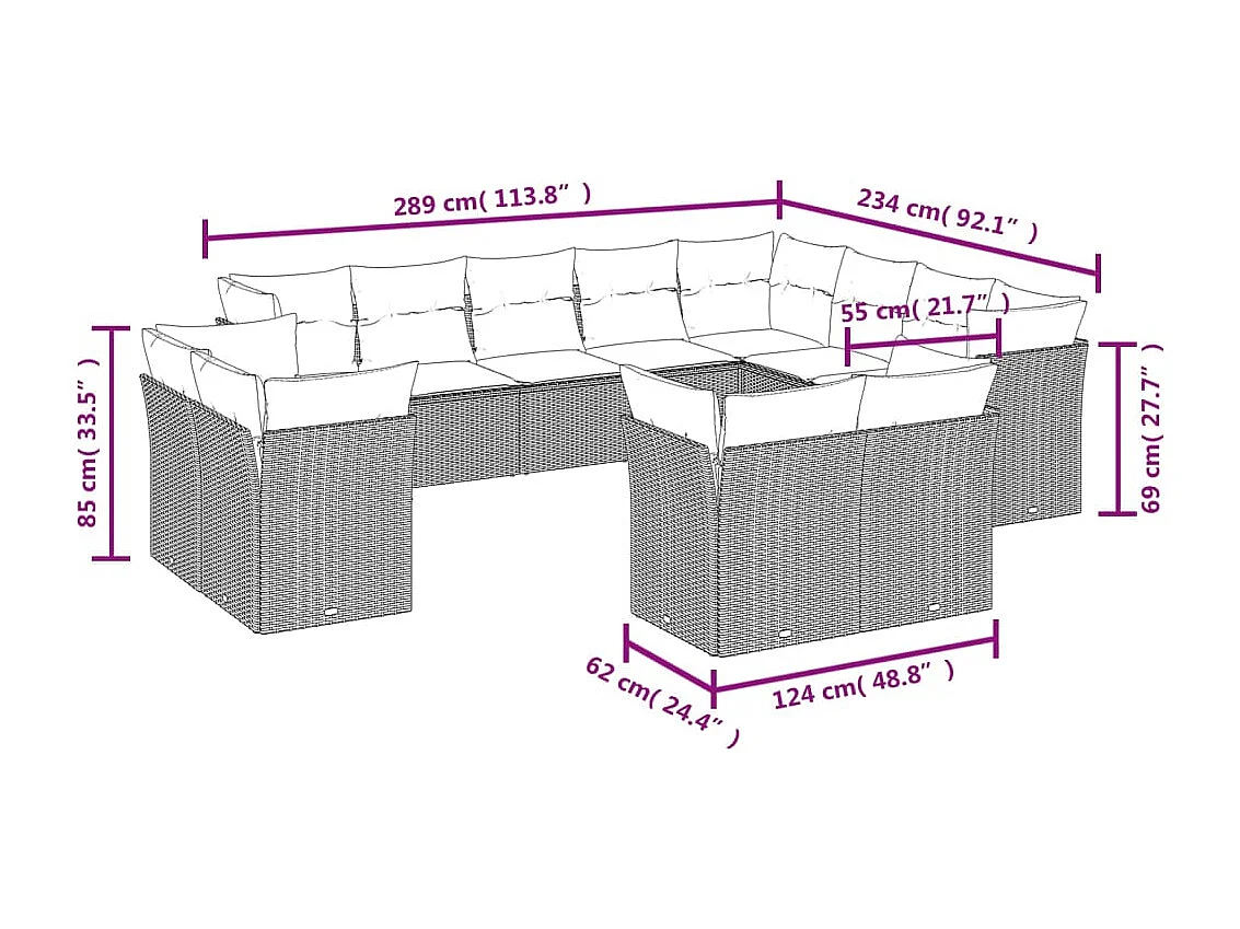 Salon de jardin avec coussins 12 pcs gris résine tressée