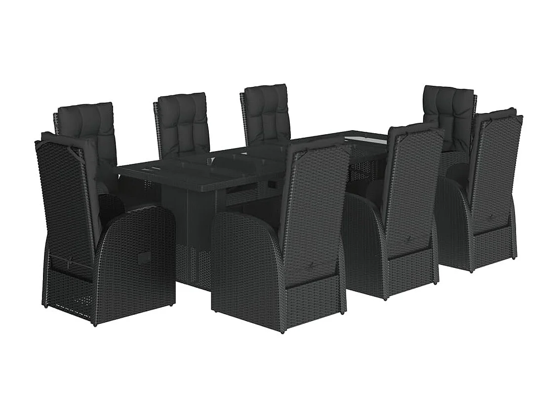 Set da Pranzo da Giardino 9 pz con Cuscini Nero in Polyrattan