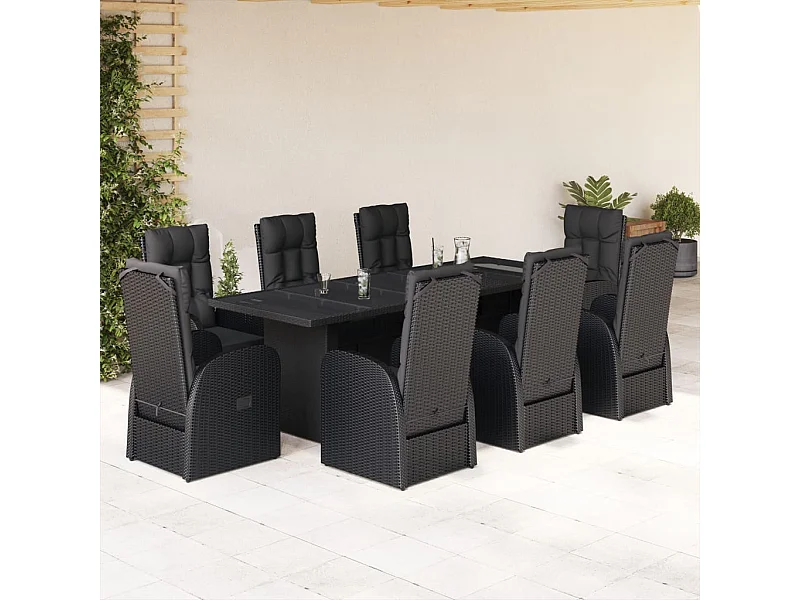 Set da Pranzo da Giardino 9 pz con Cuscini Nero in Polyrattan