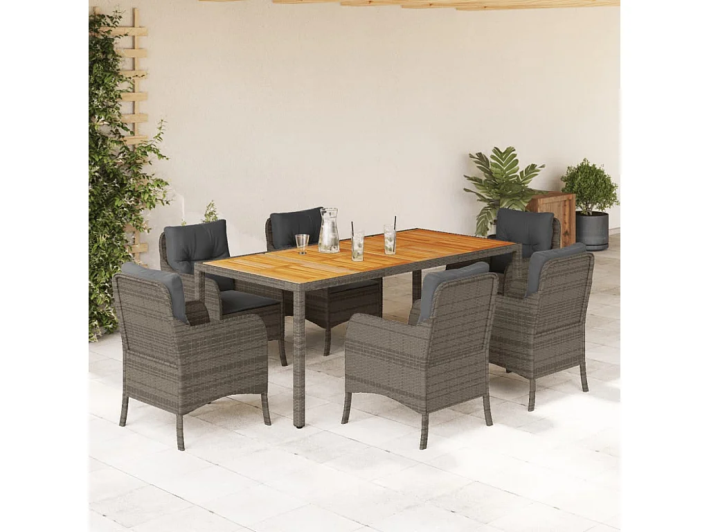 Set da Pranzo da Giardino 7 pz con Cuscini in Polyrattan Grigio