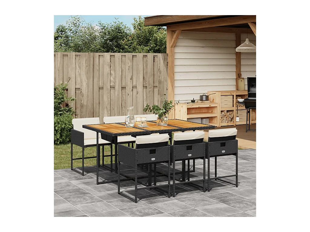 Ensemble à manger de jardin coussins 7pcs Noir Résine tressée