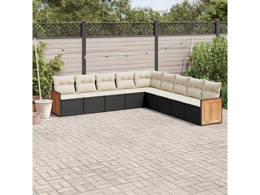 Salon de jardin 9 pcs avec coussins noir résine tressée