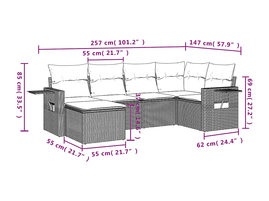Salon de jardin avec coussins 6 pcs marron résine tressée