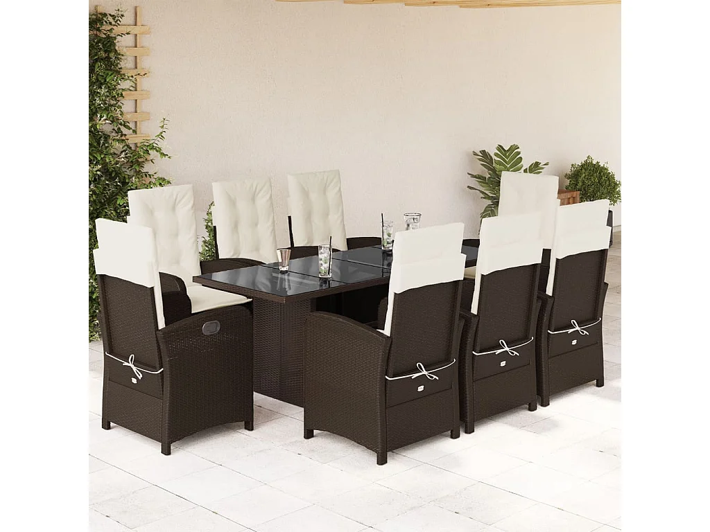 Ensemble à manger de jardin et coussins 9 pcs marron poly rotin