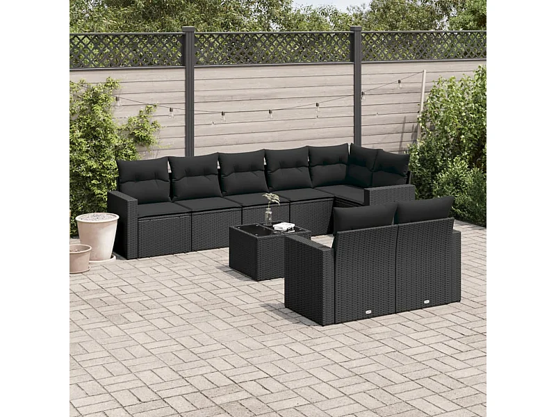 9-delige Loungeset met kussens poly rattan zwart