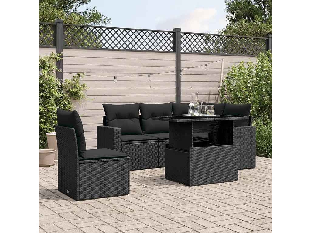 Set Divano da Giardino 6 pz con Cuscini Nero in Polyrattan