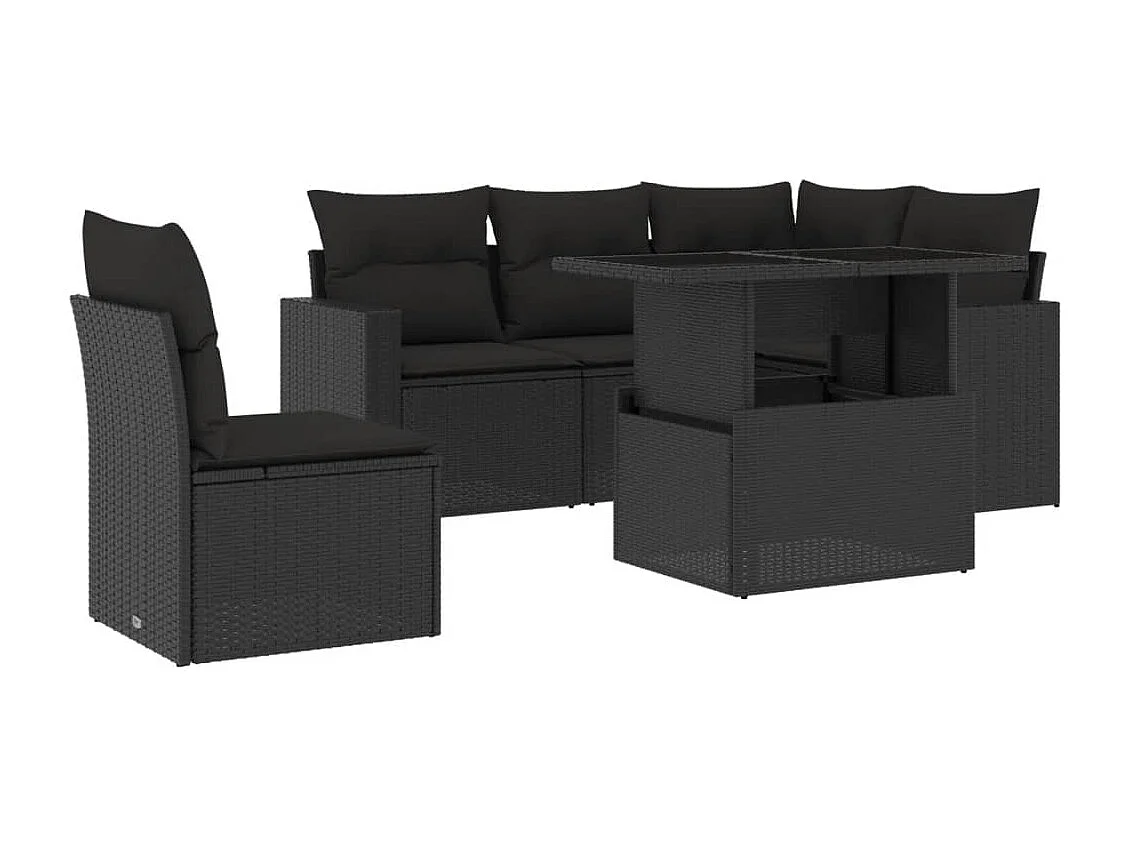 Salon de jardin 6 pcs avec coussins noir résine tressée