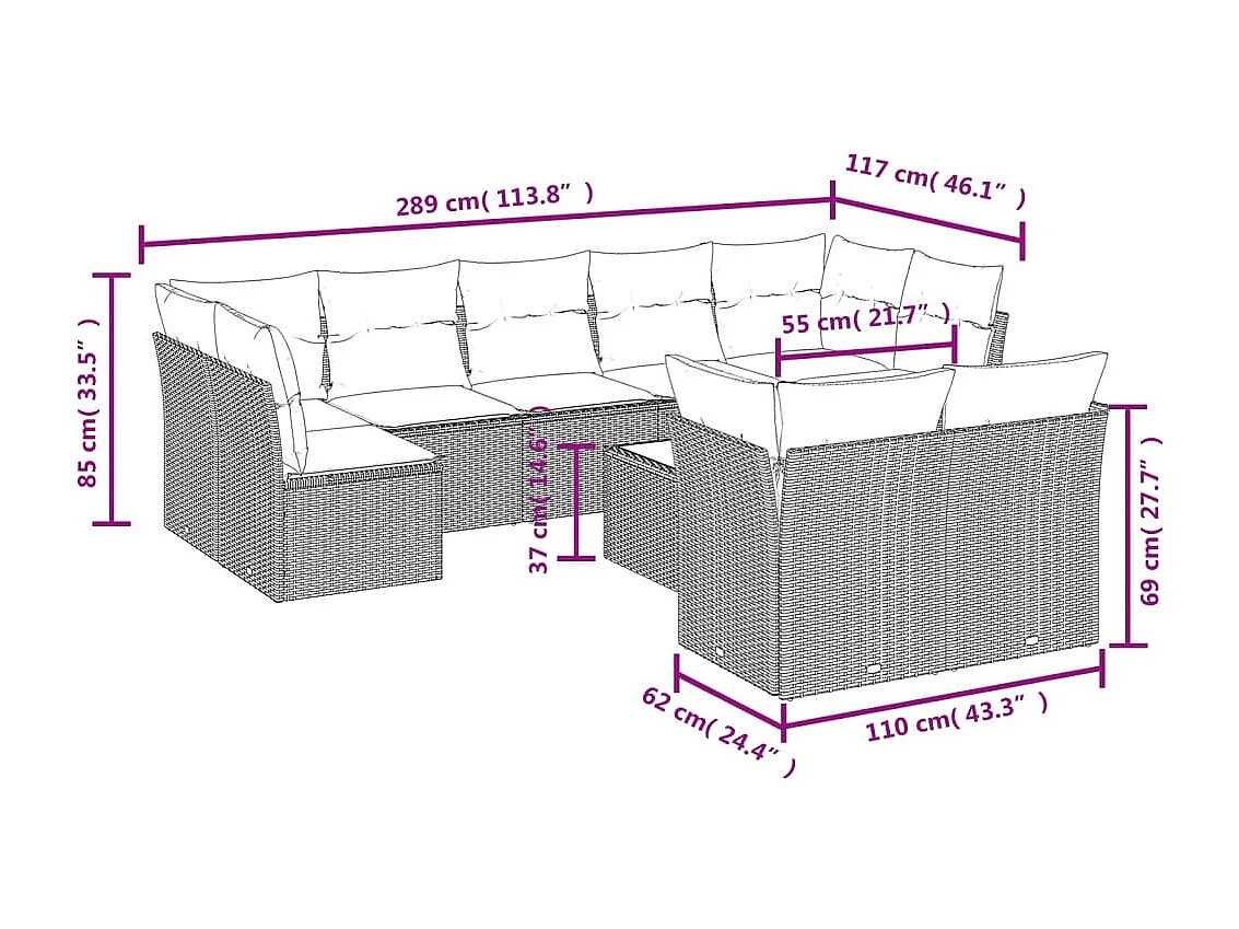 Set Divano da Giardino 10 pz con Cuscini Grigio in Polyrattan